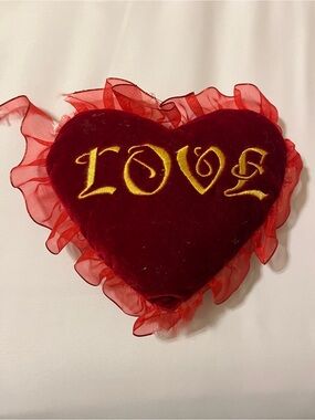 Red Heart LOVE Embroidered Plush Pillow Ruffle Velvet 9"